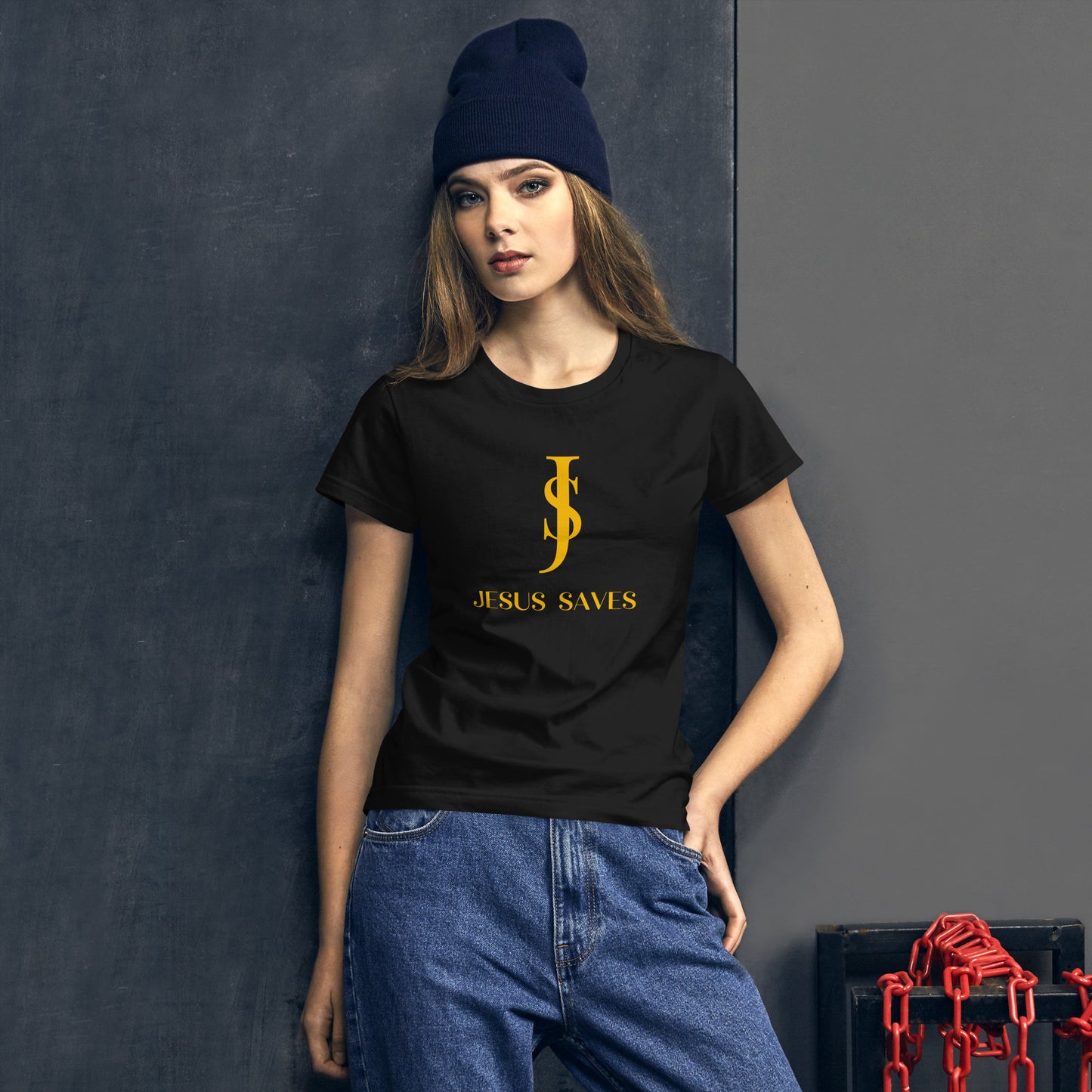 Women's Short Sleeve T-shirt: "Jesus Saves" in Gold script