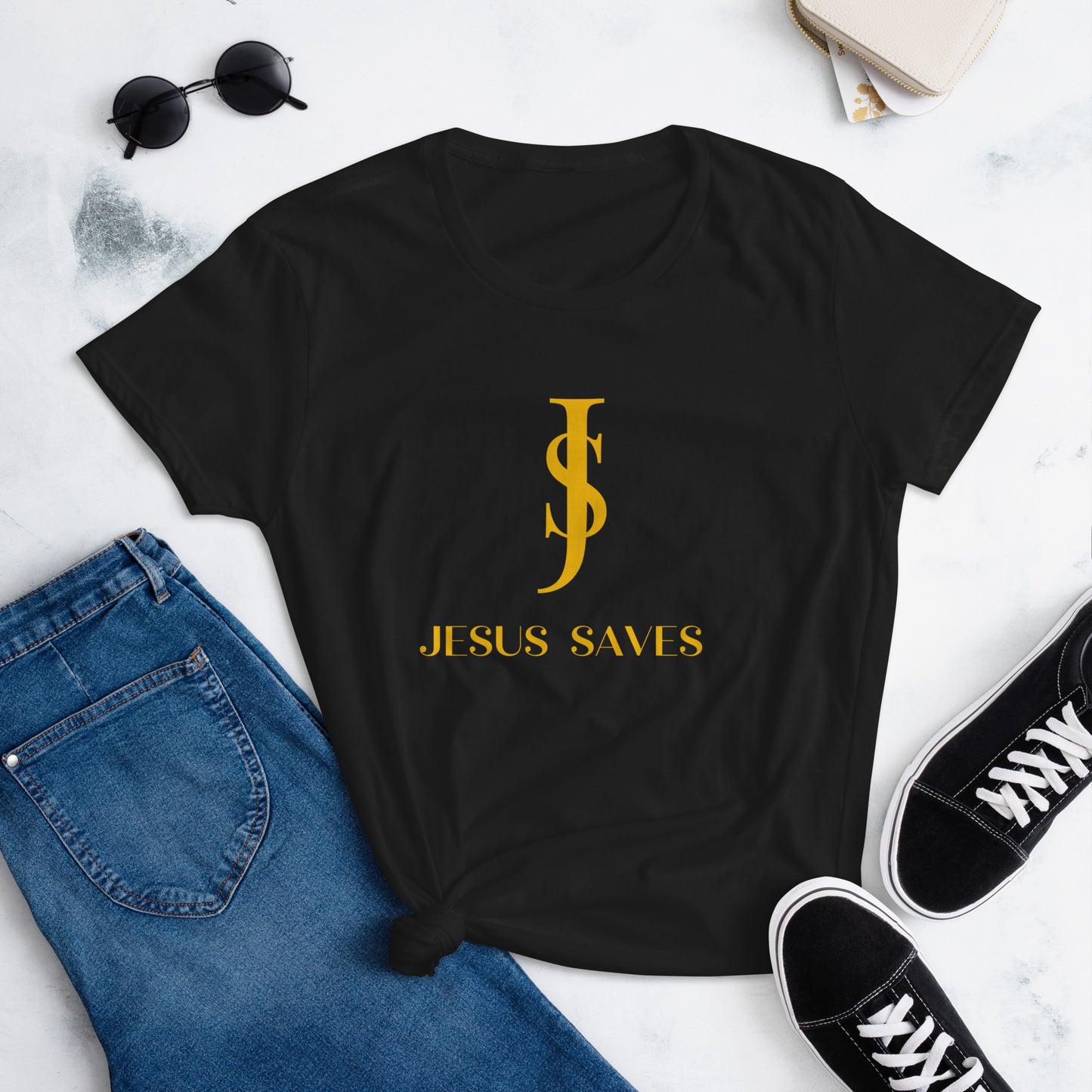 Women's Short Sleeve T-shirt: "Jesus Saves" in Gold script