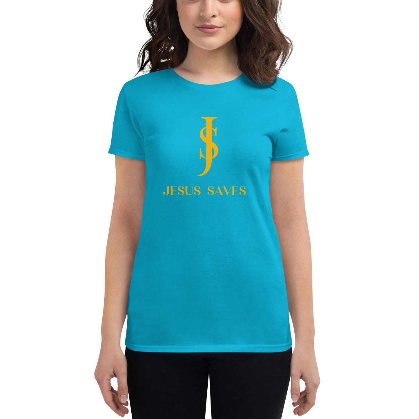 Women's Short Sleeve T-shirt: "Jesus Saves" in Gold script