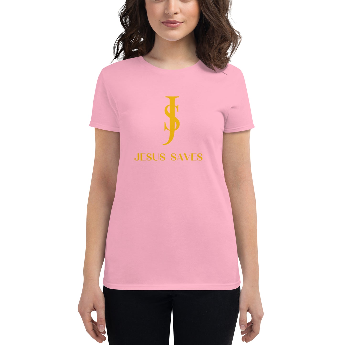 Women's Short Sleeve T-shirt: "Jesus Saves" in Gold script