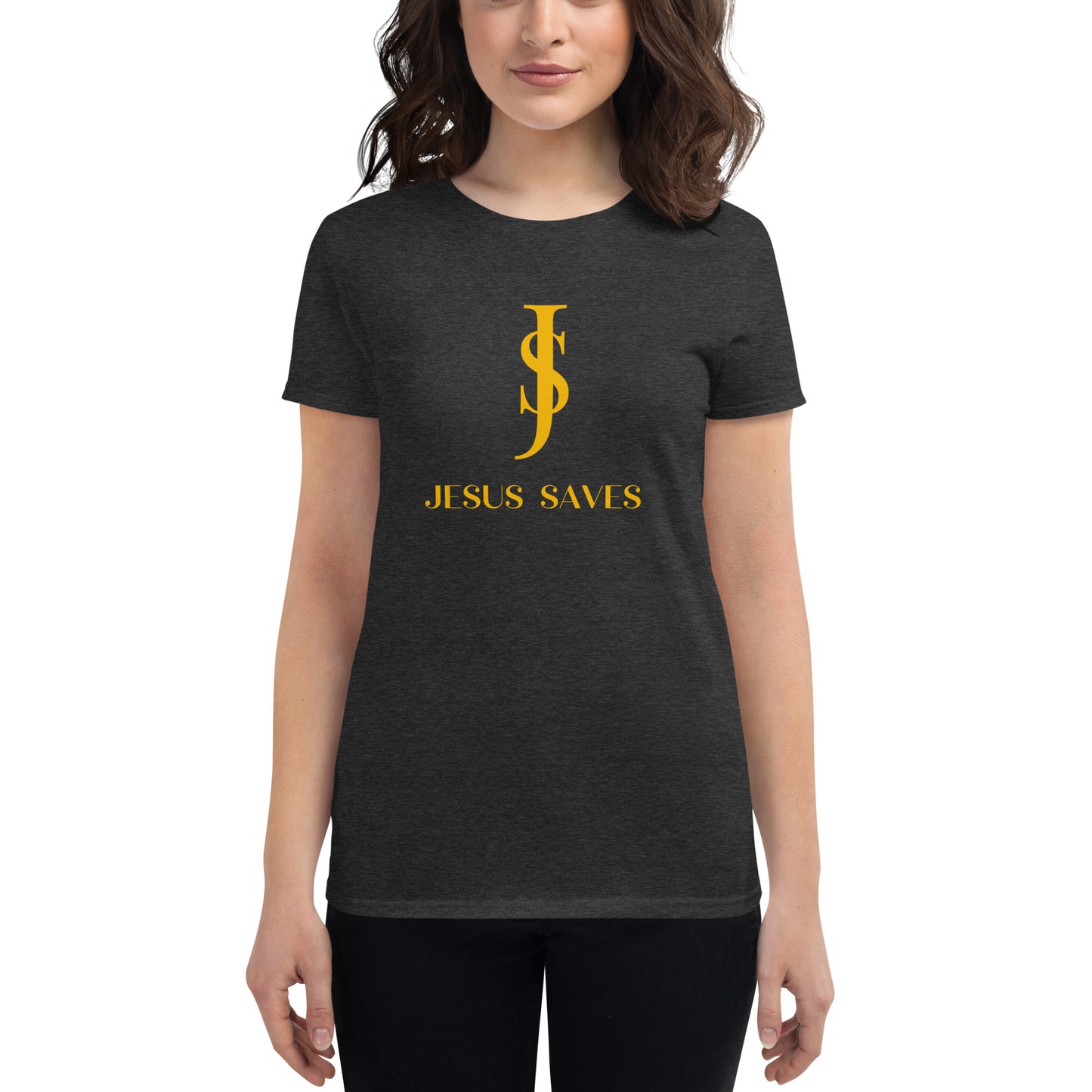 Women's Short Sleeve T-shirt: "Jesus Saves" in Gold script