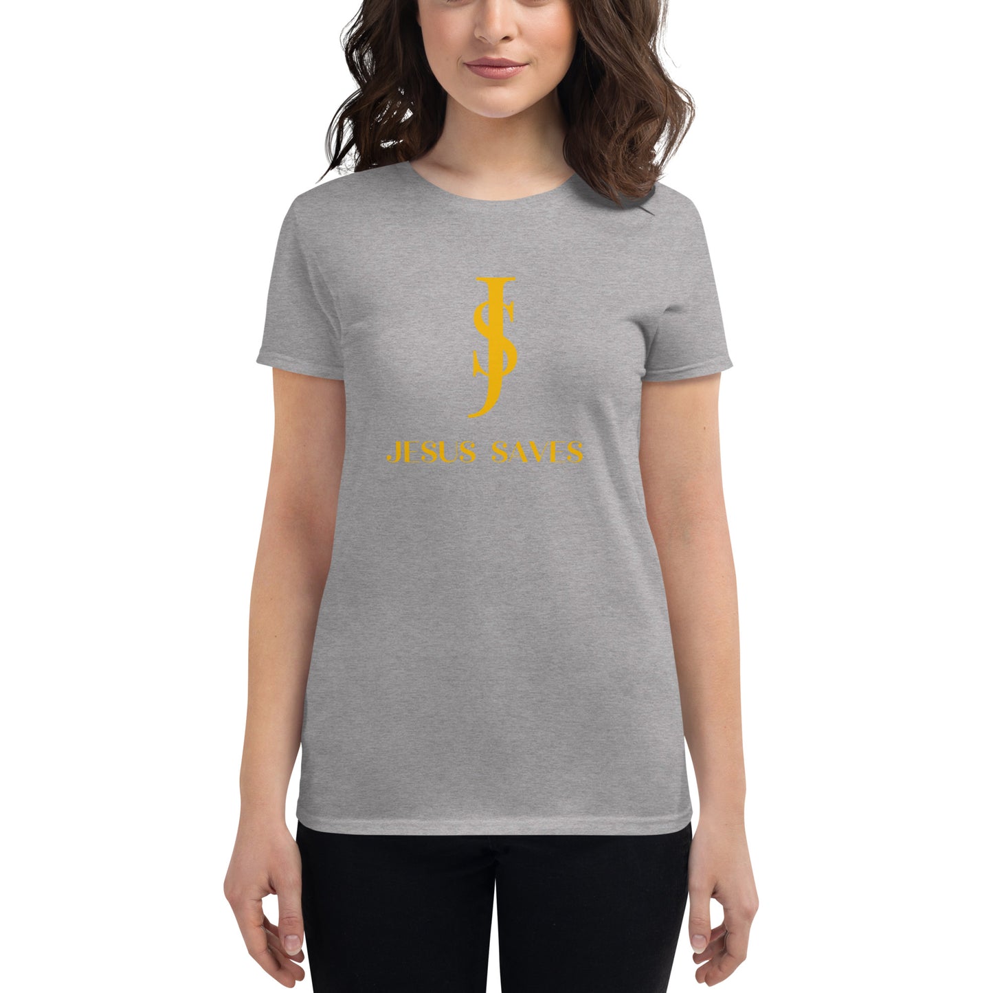 Women's Short Sleeve T-shirt: "Jesus Saves" in Gold script