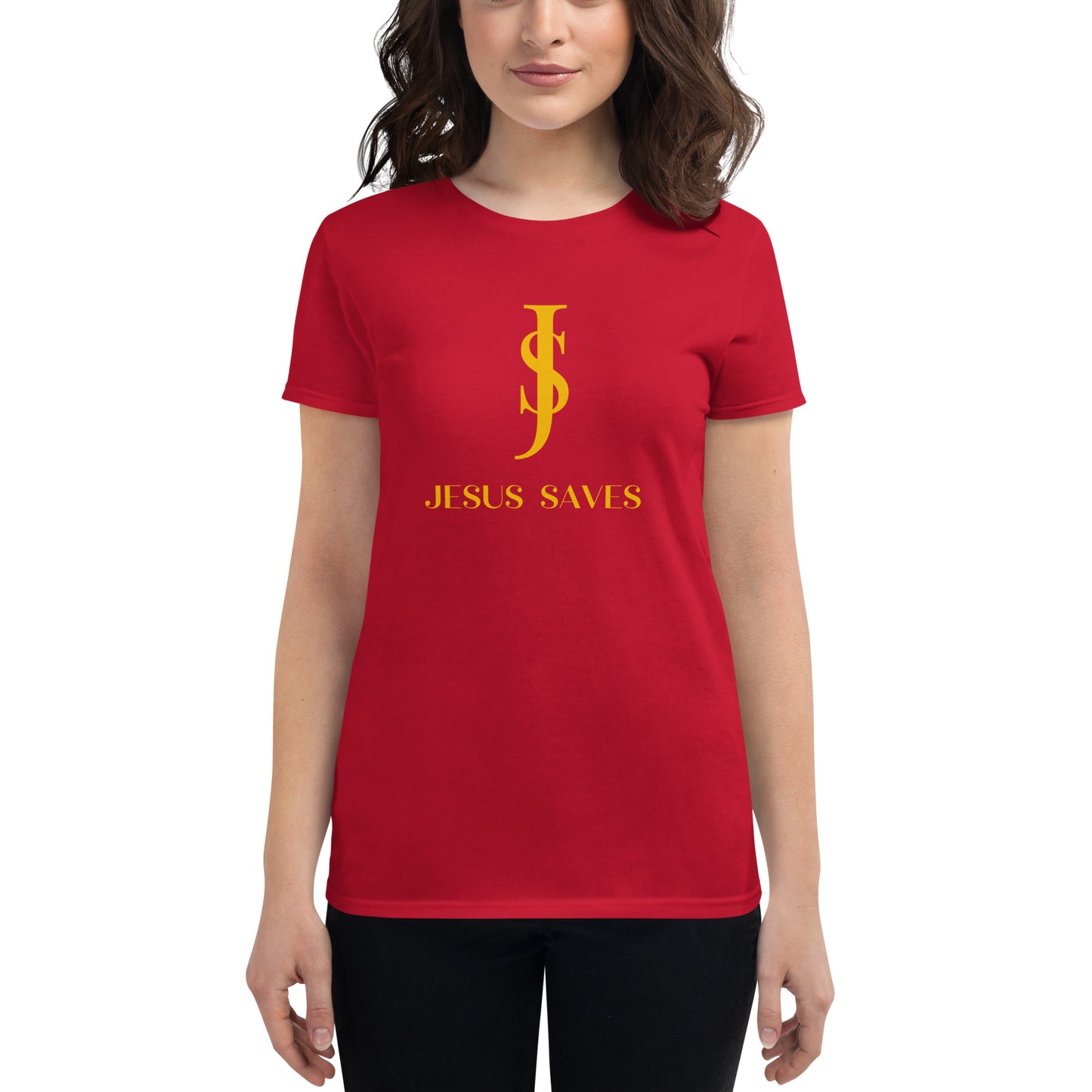 Women's Short Sleeve T-shirt: "Jesus Saves" in Gold script