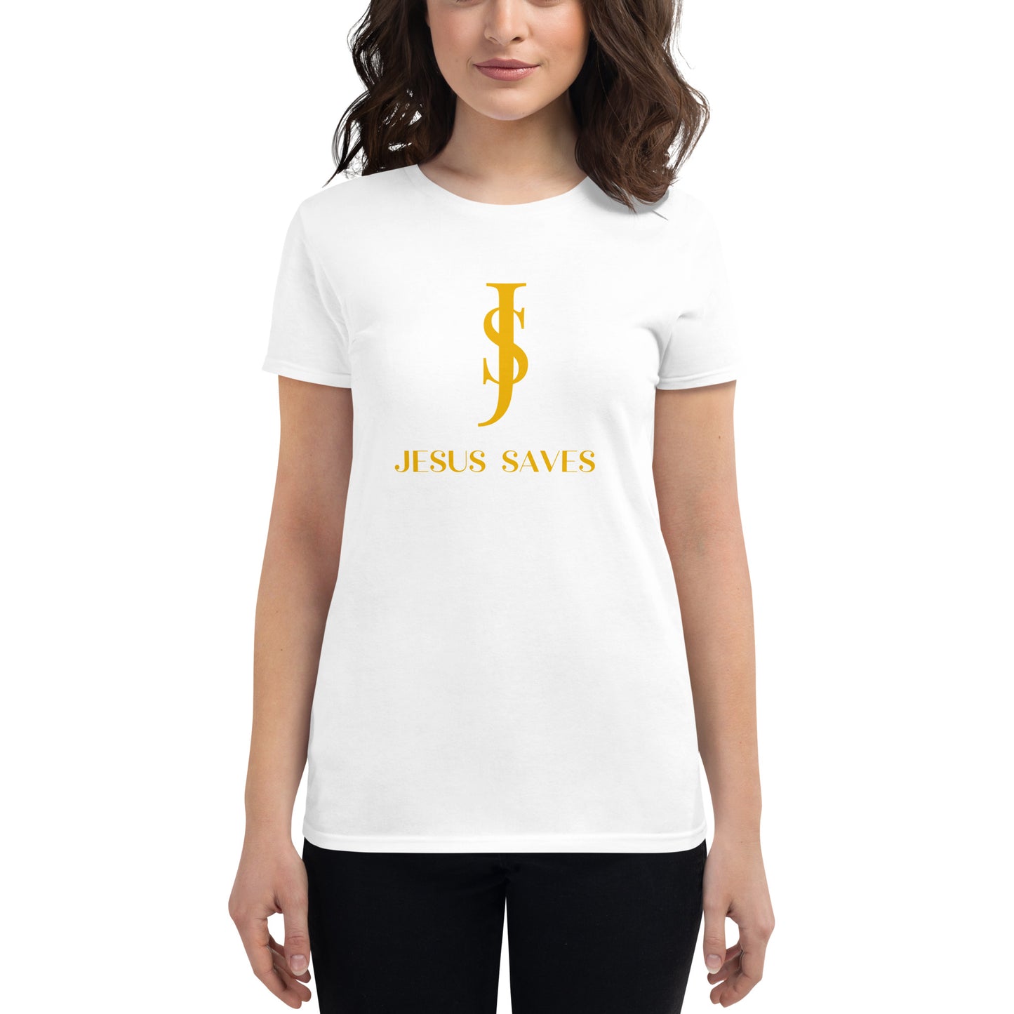 Women's Short Sleeve T-shirt: "Jesus Saves" in Gold script