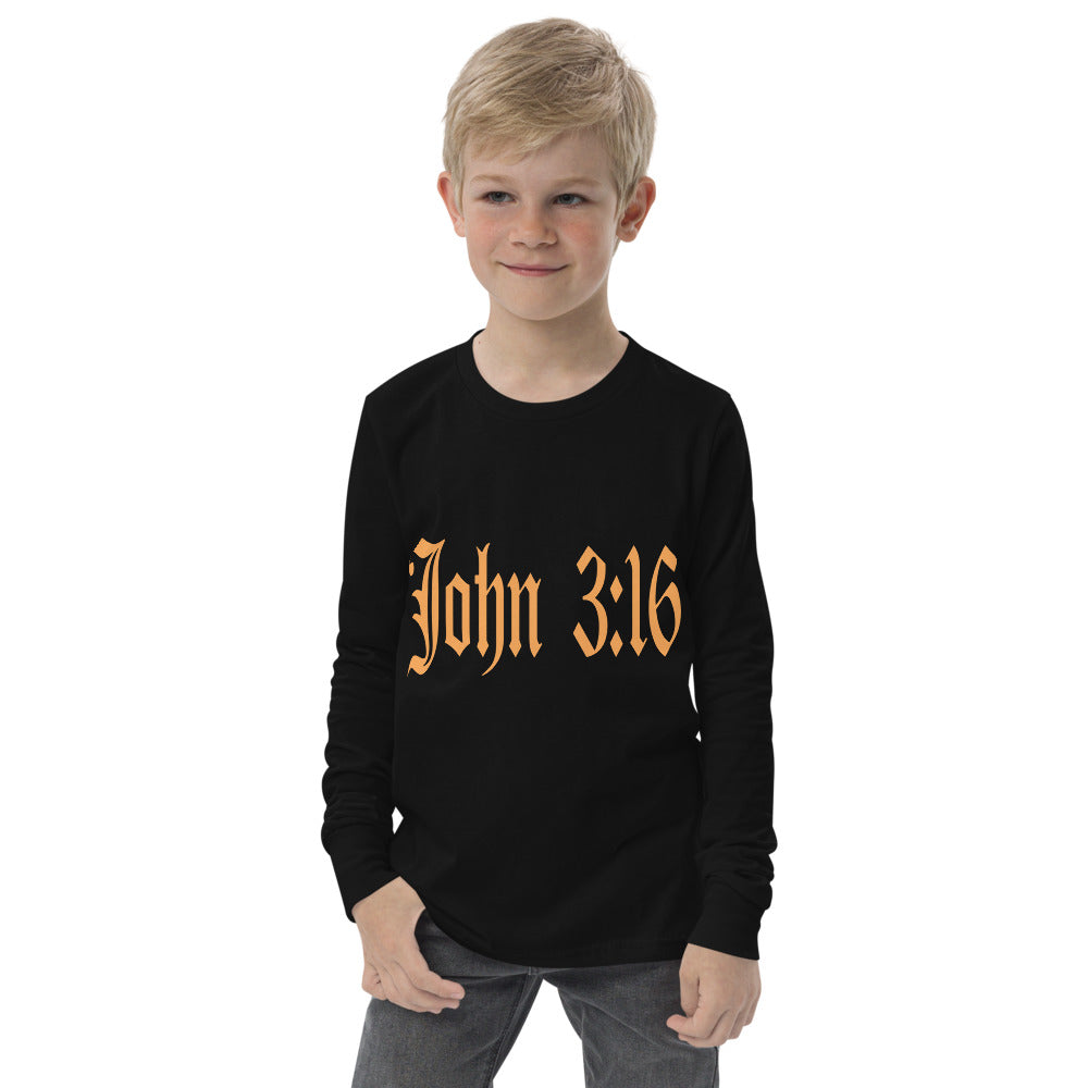 Youth Long Sleeve "John 3:16"  in Gold Print - For God so Love the World.....