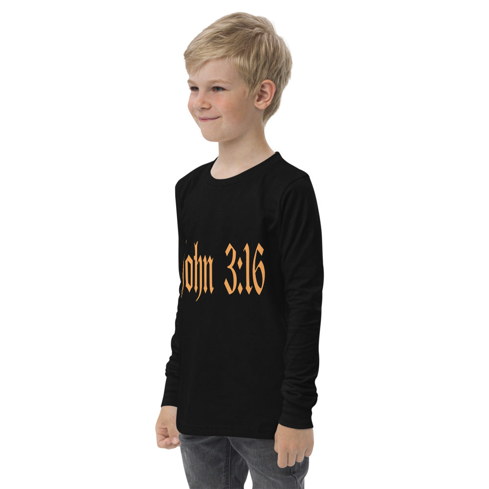 Youth Long Sleeve "John 3:16"  in Gold Print - For God so Love the World.....