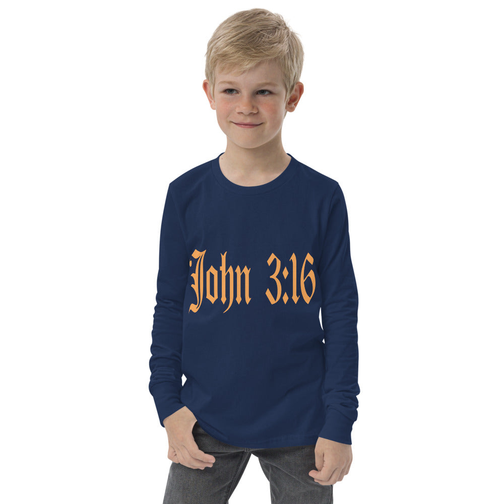 Youth Long Sleeve "John 3:16"  in Gold Print - For God so Love the World.....