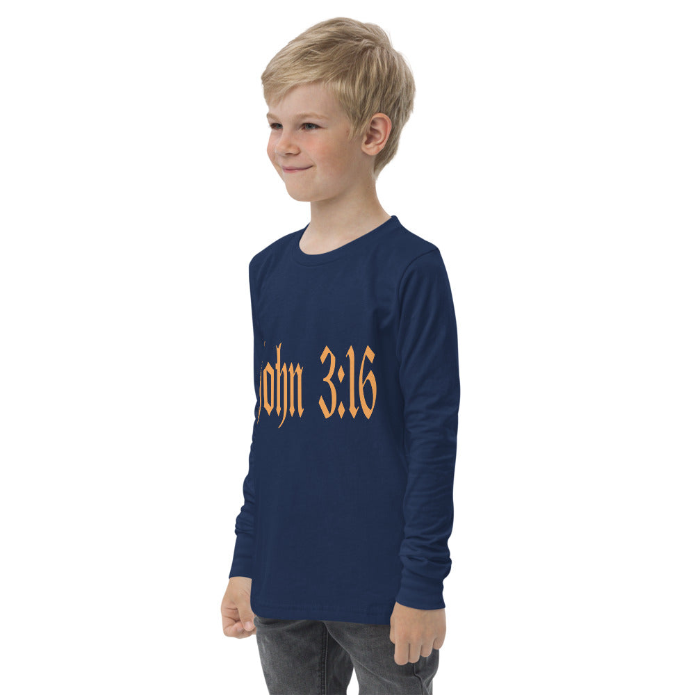 Youth Long Sleeve "John 3:16"  in Gold Print - For God so Love the World.....