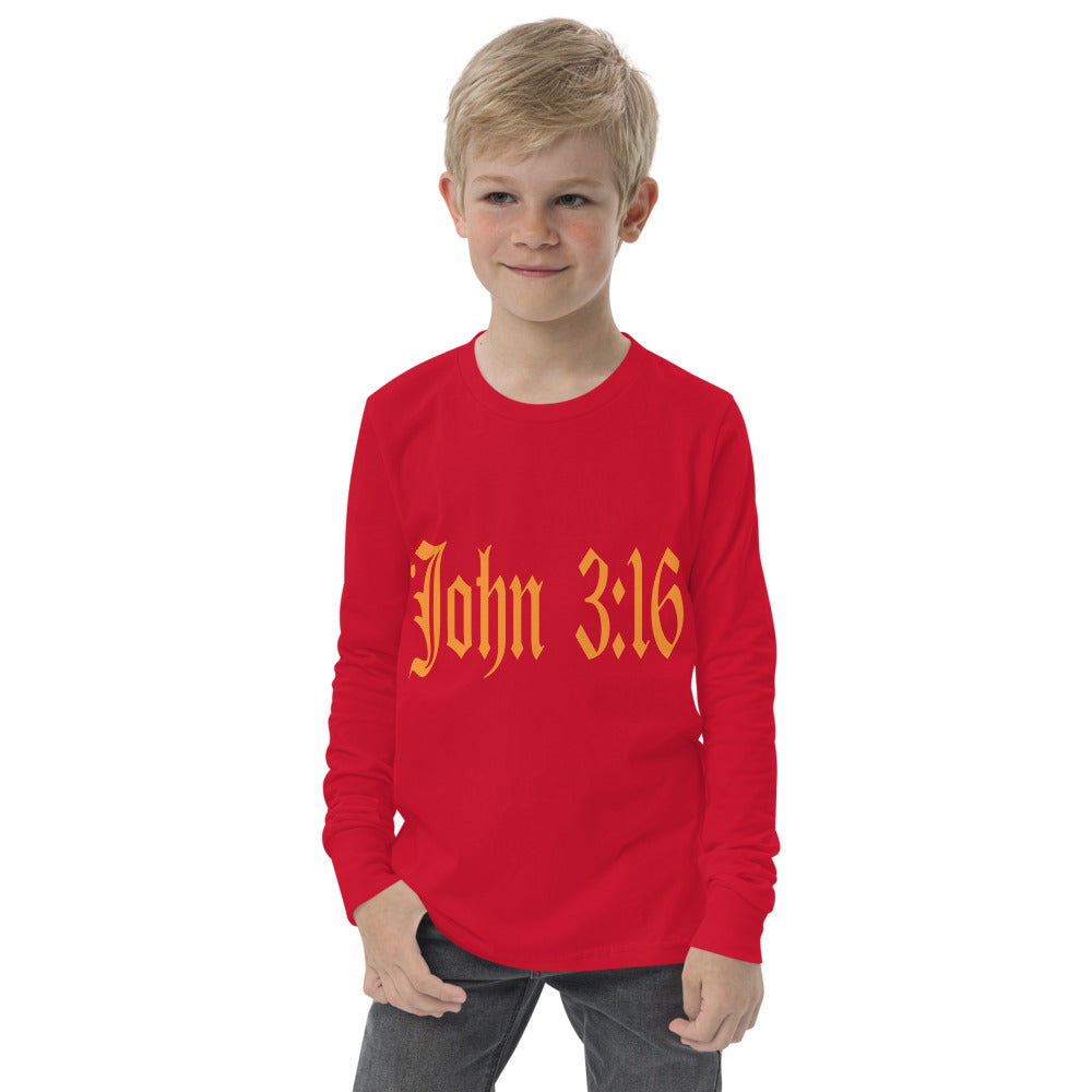 Youth Long Sleeve "John 3:16"  in Gold Print - For God so Love the World.....