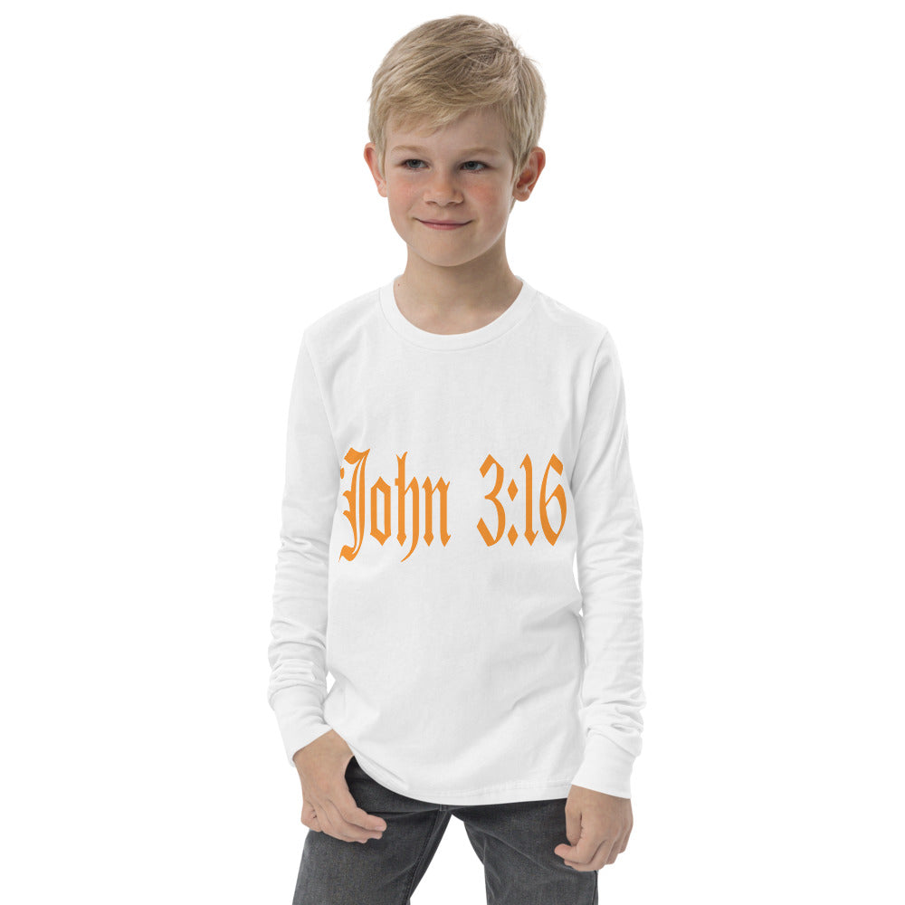 Youth Long Sleeve "John 3:16"  in Gold Print - For God so Love the World.....